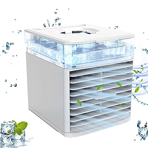 offershop Mini-Klimaanlage, tragbar, 3 in 1, Luftbefeuchter, USB, 3 Geschwindigkeiten, UV-Licht, Sterilisation, LED-Lichter, Wassertank, Filter waschbar für Haus und Büro (weiß) Cover