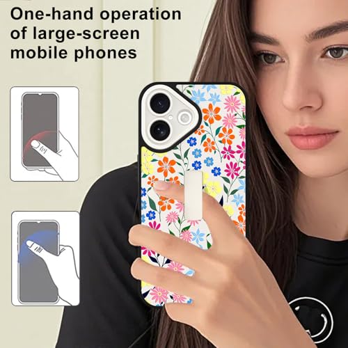 Image of for iPhone 16 Case with Finger Strap Holder, Cute Colorful Floral Flower Print Pattern Design for Women Girls, Shockproof Anti Scratch Hand Kickstand Protective Cover, White