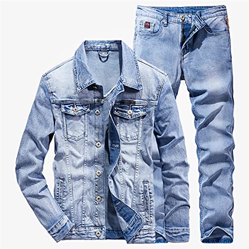 Generic Fashion Slim Solid Color Couple Jeans Set Simple Spring Autumn Light Blue Denim Jacket + Jeans 2 Piece Set3