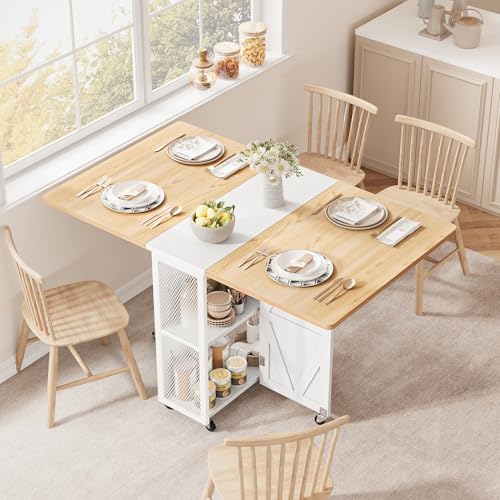Jocoevol Table à Manger Pliante sur roulettes, Gain de Place pour 2-4 Personnes, avec Niche et Étagères Ouvertes, Idéale Petit Espace Cuisine Salle à...