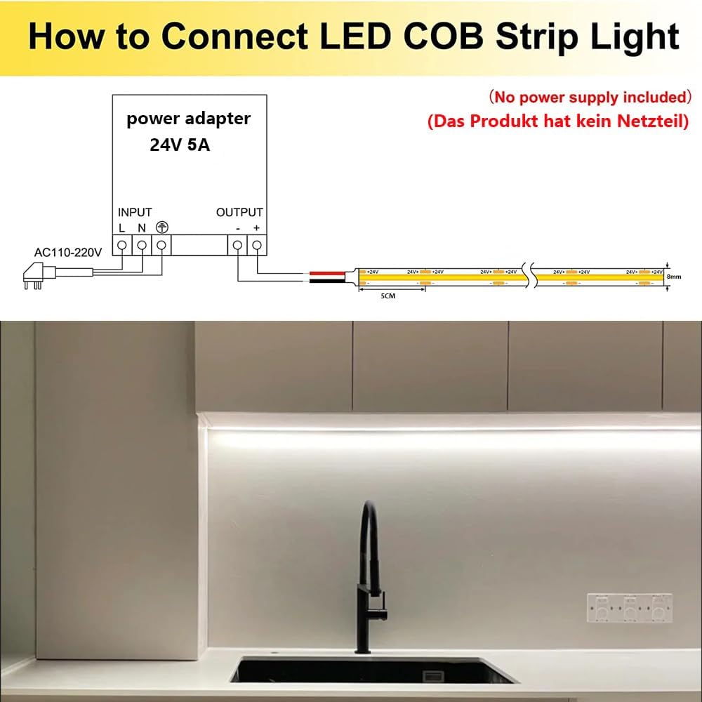 TOPAI 24V COB LED Strip 32.8ft Cool White 6000K Outdoor Waterproof CRI>93 Self Adhesive Uniform Dotless 384LEDs/M Cuttable Flexible for Cabinet Home Office DIY Lighting Projects