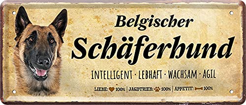 Lustiges Deko Hunde-Rassen Steckbrief Blech-Schild Blechschilder Dog (28 x 12 cm, Belgischer Schäferhund - Intelligent Lebhaft Wachsam Agil 2275)