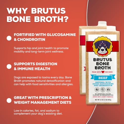 Image of Brutus Bone Broth Liquid for Dogs | All Natural | Made in USA | Glucosamine & Chondroitin for Healthy Joints | Human Grade Ingredients | Hydrating Dog Food Topper, Gravy & Treat (Beef & Pork)