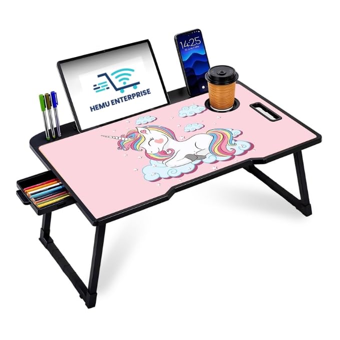 Image of Smart Multipurpose Foldable Laptop Table with Cup Holder, Study Table, Bed Table, Breakfast Table, Foldable and Portable /Ergonomic & Rounded Edges /Non-Slip Legs (uni)