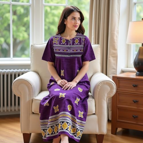 Loungees Border Print Cotton Lounge Dress/House Dress/Caftan | 3 Button Bib Yoke Short Sleeve3