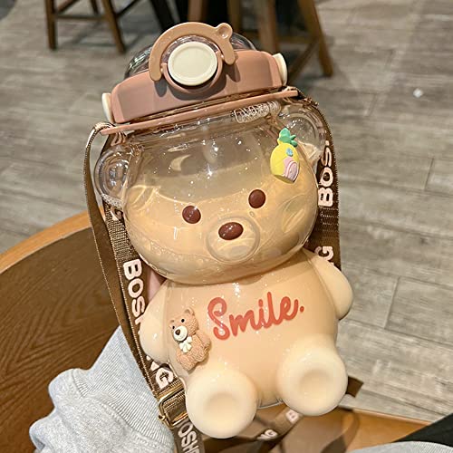 LYEAA Botella de agua de oso Kawaii de 1400 ml con pajita, bonita botella de agua potable de oso...