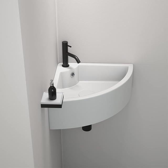 HUCKLE Round Corner Wall Hung Corner Basin, Wall Mount Mini Ceramic Triangle Sink in White Modern for bathrooms, cloakrooms, Powder Rooms, 5-Year-Guarantee
