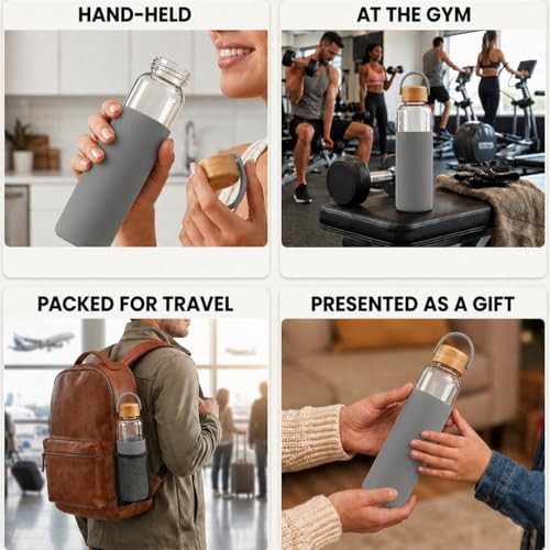 Image of Giftana Personalized Borosilicate Glass Water Bottle 500ml with Glass Sipper Tumbler 450ml, Reusable Leakproof Drinking Bottle with Silicone Sleeve, Eco-Friendly Bottle for Office Gym Travel (Grey)