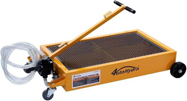 17 Gallon Oil Drain Tank/Oil Drain Pan with Hand Pump, Portable Low Profile Oil Drain Pan, Large Capacity Truck Oil Change Pan with Hose, Swivel Casters Wheels for Car SUV Trucks, Yellow