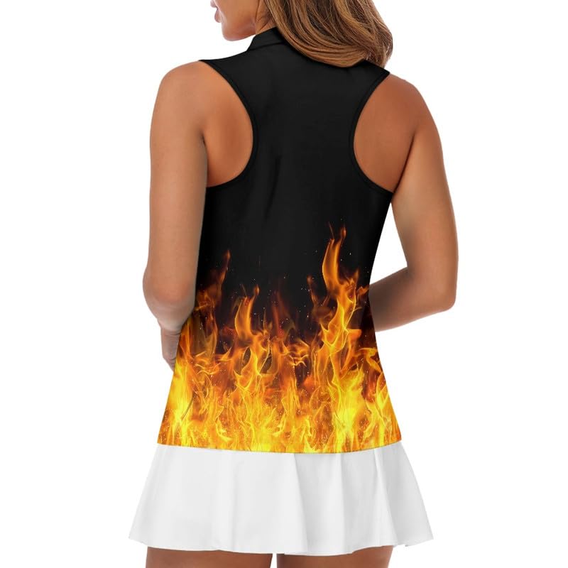Irisjudy Vivid Fire Flame Golf Polo Shirts for Women Orange Fires Sleeveless Zip Up Workout Tank Tops Black Lightweight Half Zipper Neck Tennis Shirts