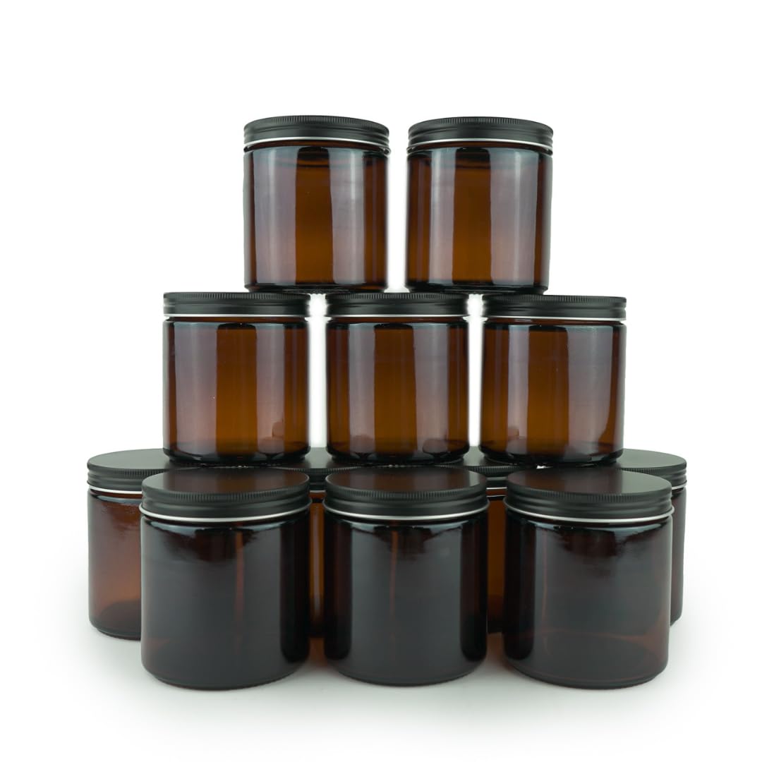 Nature Packaged Glass Amber 16oz Jar - 12 Packs, Empty Round Jars For Beauty Products, Lotion, and Powders - Black Lid - Small Candle Jars