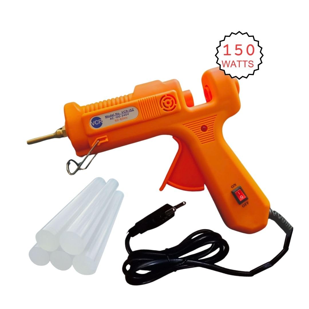 VCR 150W Professional Hot Melt Glue Gun Long Nozzle - Triple Power Rapid Heating Gun with ON/Off Switch for Precise Glue Output - Easy To Use Glue Gun + 5 Transparent - 11mm Glue Sticks - VCR 152 - Image 2 thumbnail