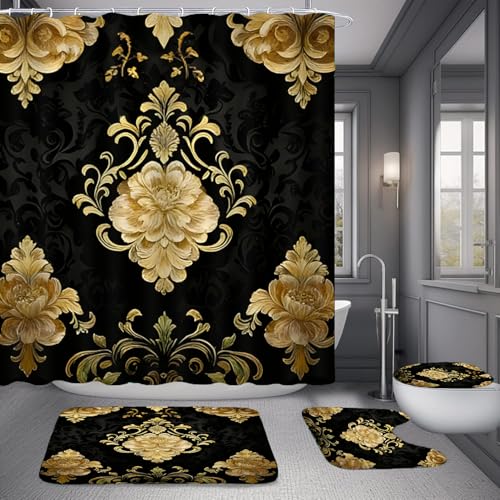 NBVKO 4Pcs Luxury Damascus Gold Flower Pattern Shower Curtain Set
