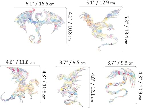 Vista 2 de INFUNLY 6 calcomanías de cristal de dragón arcoíris Calcomanías de prisma de alerta de ventana anticolisión, no adhesivas, prisma arcoíris