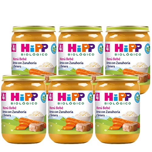 HiPP Biológico - Tarrito De Arroz Con Zanahoria y Ternera BIO - Menú Bebé - Pack 6x190g - Arroz, Zanahoria y Ternera de Producción Ecológica - Sin Gluten - A Partir de 4 Meses