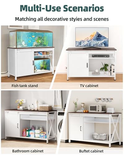 Image of Aquarium Stand for Fish Tank: 55-75 Gallon Fish Tank Stand with Sliding Door - Heavy Duty Metal Aquarium Table with Power Outlet - 2-Tier Breeder Reptile Terrarium Stand for Home & Office(White)