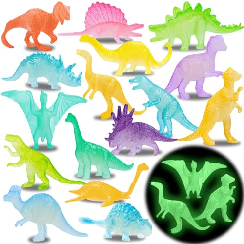Mini Dinosaurios Juguetes, 16 Piezas Pequeños Figuras de Dinosaurios Luminosos, Mini Dinosaurios de Plástico, Brillan en la Oscuridad Dinosaurios Juguete, Regalos de Cumpleaños para Niños y Niñas