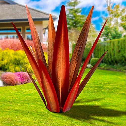 Image of KODIBO 24 inch Metal Agave Plant Outdoor Decor, Large Garden Sculpture, Red | Wateproof, Rustproof, Hand-Painted Metal Plant, Tequila Rustic Sculpture, Desert Steel Yard Art, Yard Decorations Outdoor