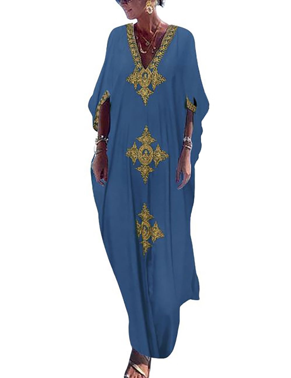BsubseachGold Embroidery Long Kaftan Dresses V Neck Caftan Dress Beach Cover Ups for Women EmbroideryGlobal Recycled StandardGlobal Recycled StandardGlobal Recycled Standard