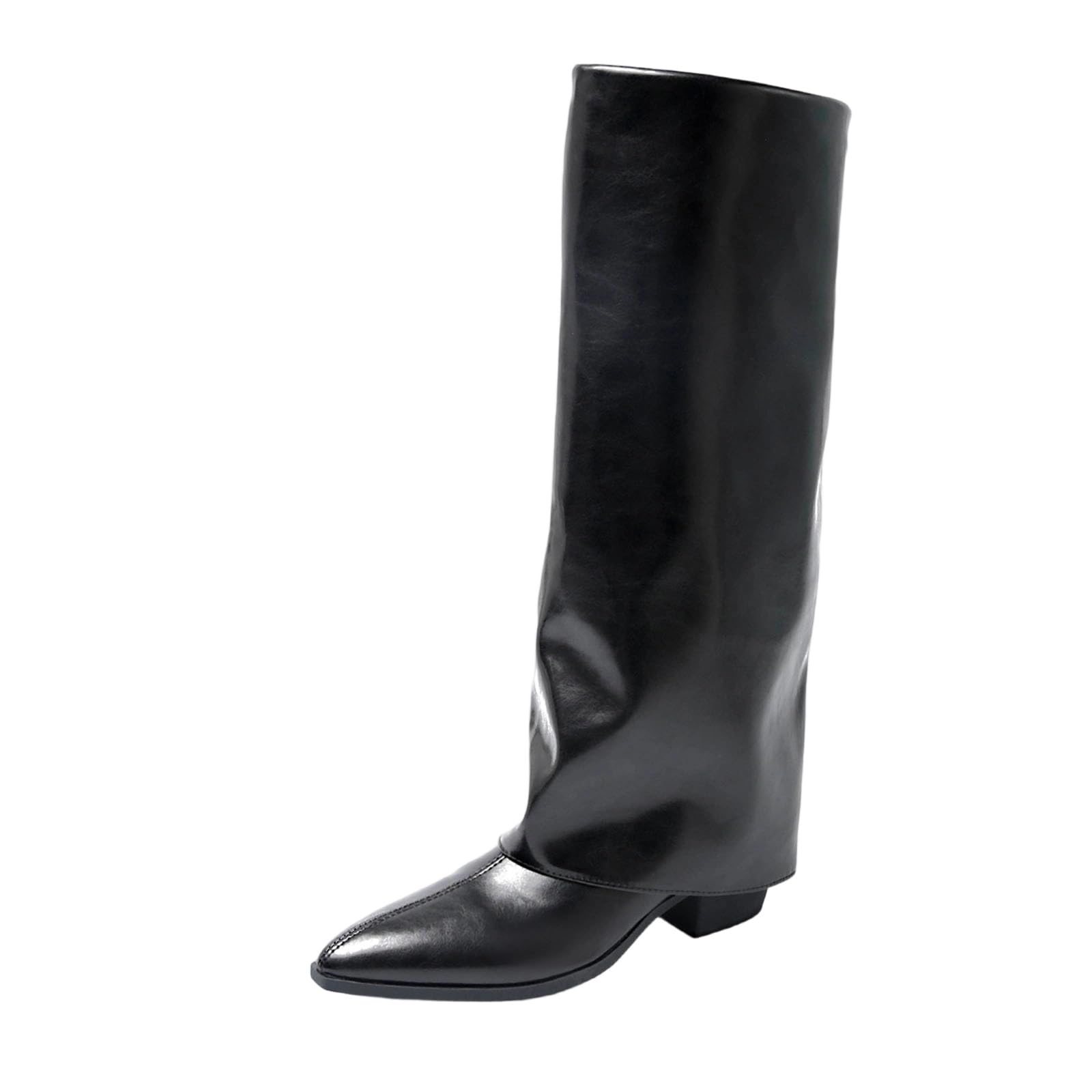 Womens Knee High Boots Pointed Toe Chunky Heel Riding Boots PU Leather Winter Boot Outdoor Shoes