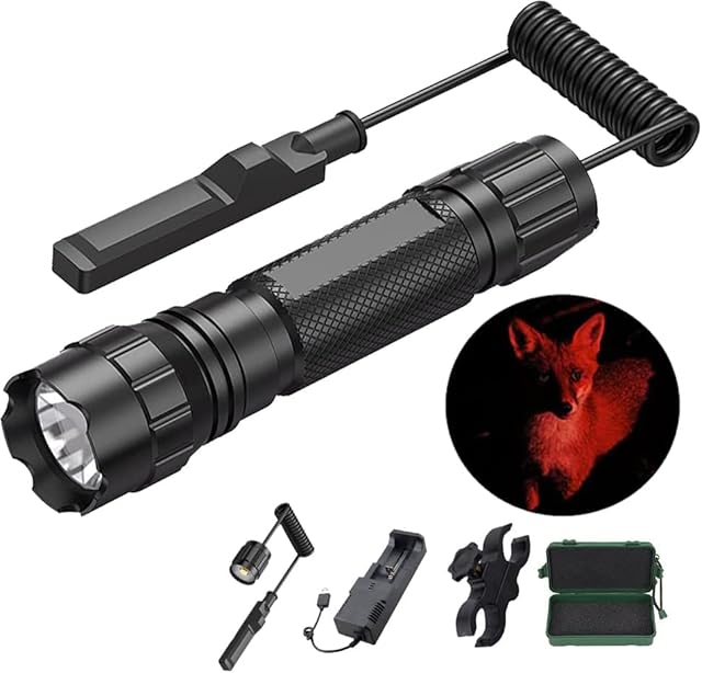 VASTFIRE Adjustable Focus Red Light Flashlight Q5 LED 250 Yard Hunting Torch Flashlight Coyote Hog Pig Predator Light with Remote Pressure Switch & Scope, Rail Mount