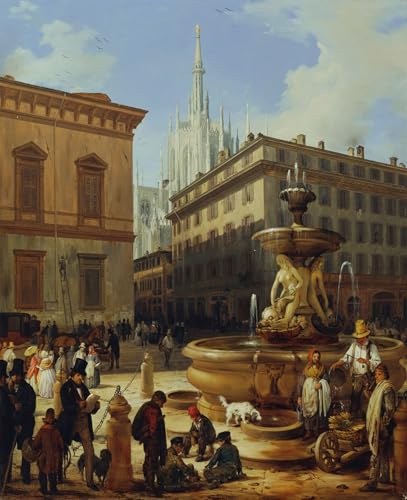 Impression d'affiches Vue sur la rue de Milan Angelo Inganni Toile premium pour mur