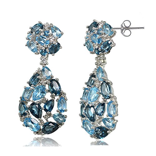 Sterling Silver London Blue, Swiss Blue and White Topaz Cluster Tonal Teardrop Dangle Earrings