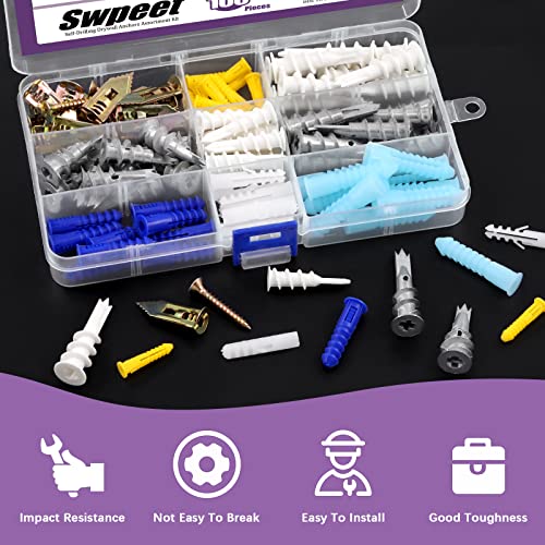 Swpeet 100Pcs 9 Styles Plastic Wall Anchors Hollow Wall Anchors Drywall Anchors Assortment Kit - Image 4