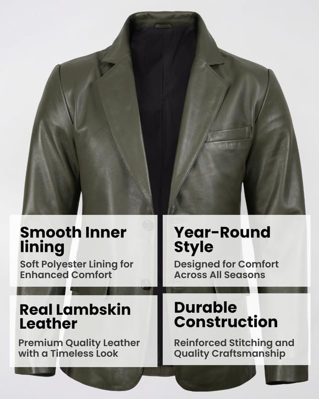 Image of Blingsoul Mens Leather Blazer Jacket - Real Lambskin Sport Coat with Notch Lapel Collar