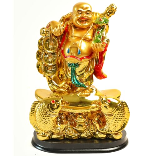 Image of The Spiritual Living Laughing Buddha Idol with Money Coins & Twin Fish | 7 Inch | Feng Shui Statue for Wealth, Fortune & Positivity | Decorative Showpiece for Home, Office & Gifting |