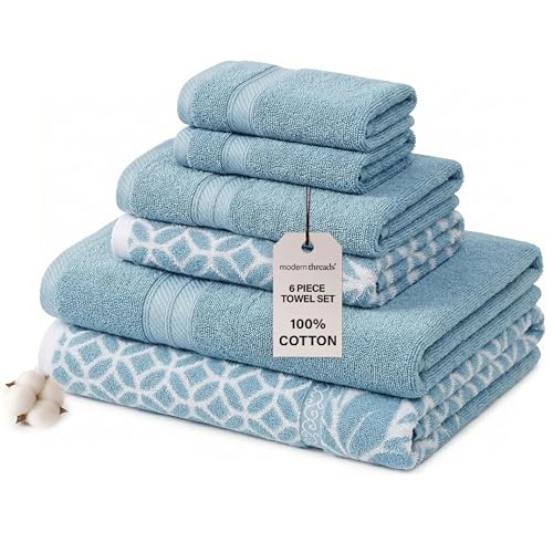 Modern Threads Trefoil Filigree 6-Piece 100% Cotton Towel Set – Reversible Yarn Dyed Jacquard – Includes 2 Bath Towels, 2 Hand Towels, 2 Washcloths – Absorbent, Quick Dry, Soft & Durable – Sky Blue
