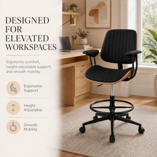 Image of Drafting Chair for Standing Desk, Arms Tall Office Chair with Bentwood Backrest, Adjustable Height, Footrest Ring and Swivel Seat, PU Leather (Black)