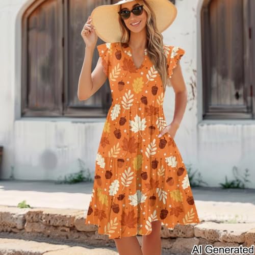 Image of Womens Summer Dress Ruffle Sleeve V Neck Dress Casual Fit Flowy Beach Vacation Sundress with Pocket S-2XL