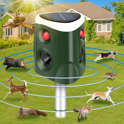 Solar Cat Repellent, [2024] 360° Ultrasonic Animal Repeller Outdoor IP55 Waterproof 4 Modes Adjustable Fox Deterrent with 3-Side Motion Flashing Lights, Cat Deterrent for Squirrel Dog Rabbit Deer