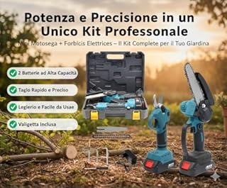 Kit Potatura Elettrico a Batteria 2 in 1 – Mini Motosega + Forbici da Potatura – 2 Batterie Ricaricabili, Valigetta Rigida, Taglio Rapido per Giardino e Alberi
