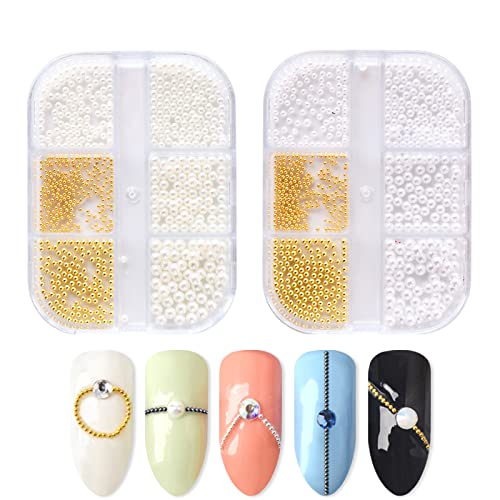 Nail Pearls for Nail Art,2 Boxes 6 Grids Round Imitation Pearl Beads for Nails,Gold Steel Ball Caviar Beads for DIY 3D Manicure Design Decorations (Nail Pearls Mixed Steel Beads)