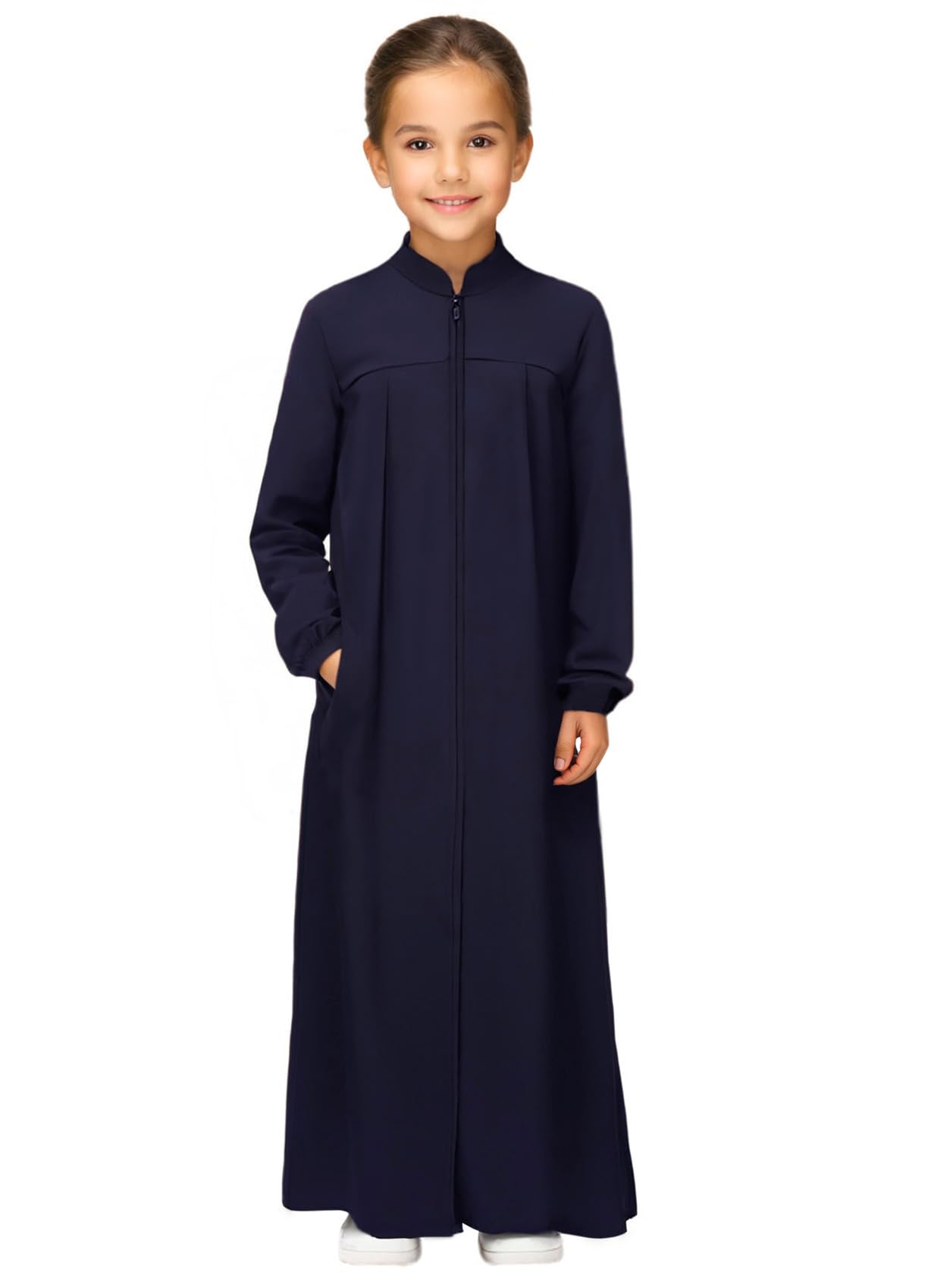 CadymileGirls Abaya Muslim Dress with Front Zipper 2 Pockets Dress Long Sleeve Solid Islamic Prayer Clothes for Kids