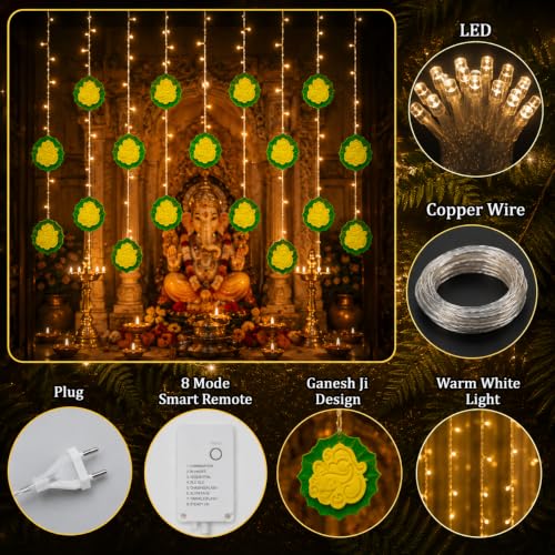 Image of fizzytech Leaf Ganesh Curtain LED String Lights with 8 Lighting Modes for Pooja Room, Diwali, Festival & Home Decoration