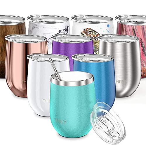 THILY Stainless Steel Stemless Wine Glass T1 Triple Vacuum Insulated Travel Wine Tumbler Cup with Lid and Reusable Straw, 350 ml, Keep Drinks Cold or Hot, Teal