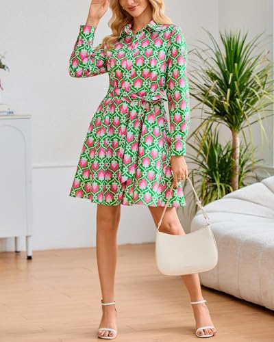 Image of Women's Printed Button Down Shirt Dress Long Sleeve Belted Mini Dress