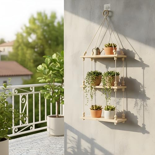 Image of 3Tier Hanging Shelf with Magic Hook, Use Decor Plants, Books, Decorative Gift Items Nursery Livingroom Wooden Beads & Ring Woven Bohemian Chic for Dorm