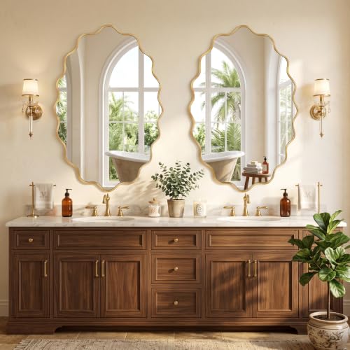 Image of Oval Wall Mirror, 22 inch x 30 inch Gold Wavy Bathroom Mirror for Wall with Brushed Alloy Steel Frame&Shatter-Proof Glass, Decorative Wall Mirrors for Bathroom Sink, Bedroom, Living Room, Entryway