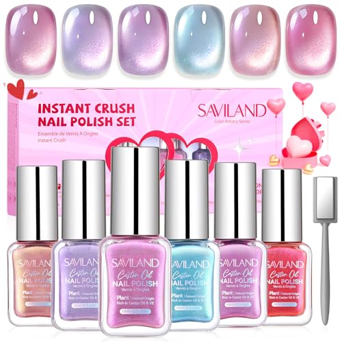 Image of SAVILAND Valentine Nail Polish Set: Quick Dry 6 Colors Cat Eye Nail Polish Shimmer Romantic Pink Series Magnetic Cateye Fingernail Polish with Magnet Stick DIY Manicure Gift for Women Girls10ml