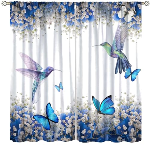 XBDDZSW Hummingbird Flower Curtains Watercolor Spring Garden Theme Blue Flowers Butterfly Hummingbird Pattern Printed Curtains Bedroom Living Room Decoration Blackout Curtains W84 * L84 Inches