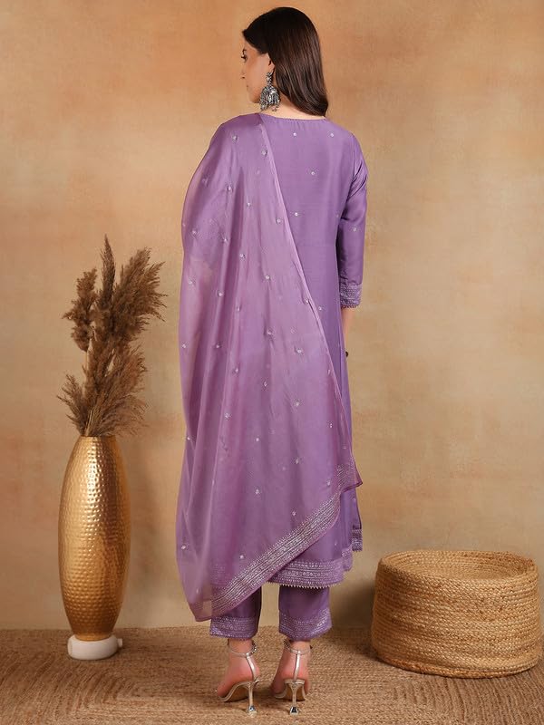 Image of Vaamsi Women's Silk Blend Solid Anarkali Kurta Pant With Dupatta