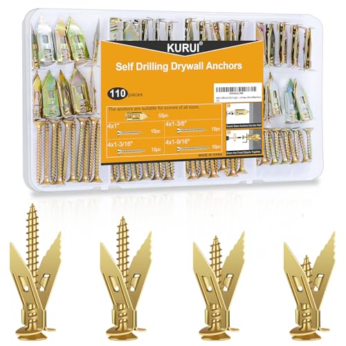 Image of KURUI 110Pcs Self Drilling Drywall Anchors with Screws Kit, Metal & Heavy Duty Grip Anchors for Wall, Sheetrock, Assorted Sizes for Picture Frames, Shelves & Home Decor