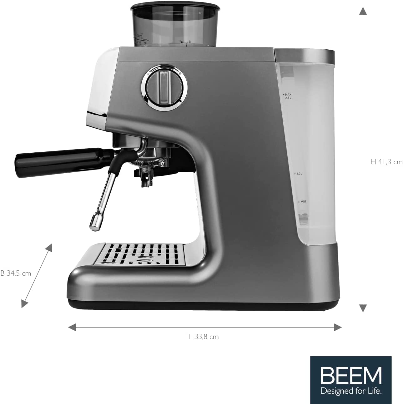 BEEM ESPRESSO-GRIND-PROFESSION caffettiera con macinino, programmabile | 2 termoblocchi per la preparazione simultanea di espresso e schiuma di latte | macinino a cono con 30 impostazioni