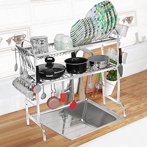 Image of Fortune Blu Stainless Steel Over The Sink Dish Drying Rack 28 Inch - 2-Tier Utensil Holder for Kitchen Counter Top - Standing Shelf for Organization (2 Shelf) - Countertop, 32D x 70W x 72H cm