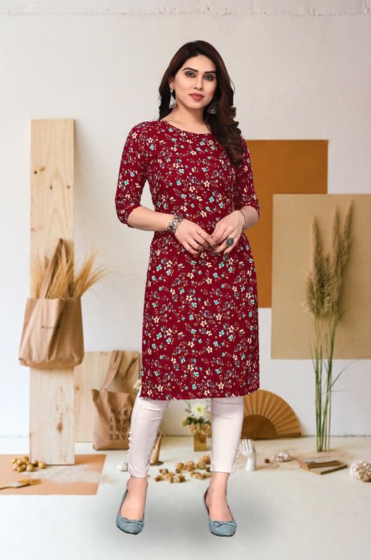 Image of JAKHANA Women's Crepe Printed Casual Straight Calf Length Round Nick Kurta Pack of 4