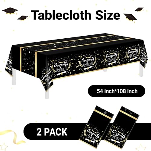 Image of Childom 2 Pack Graduation Tablecloth,Graduation Decorations Class of 2026 Graduation Party Decorations,54 inchx108 inch Black and Gold Plastic Table Cloth Disposable Rectangle for Home,School,Party Supplies